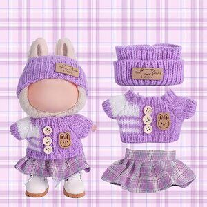 LABUBU Doll Clothes (3-Pc) Purple Sweater Skirt & Hat Outfit Set (NEW & SO CUTE)